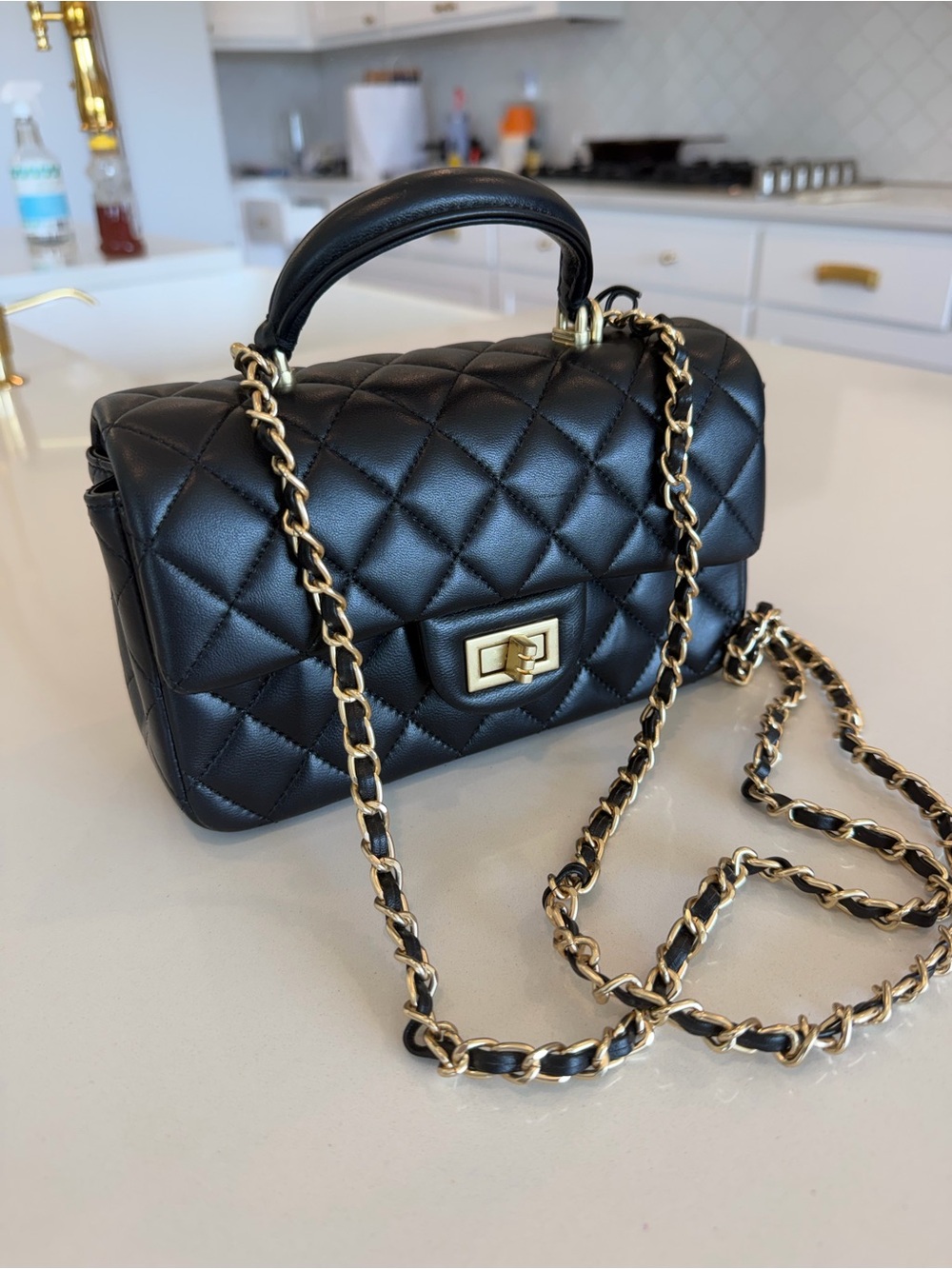 REAL LEATHER Black Quilted Leather Top-Handle Crossbody Bag with Gold Chain